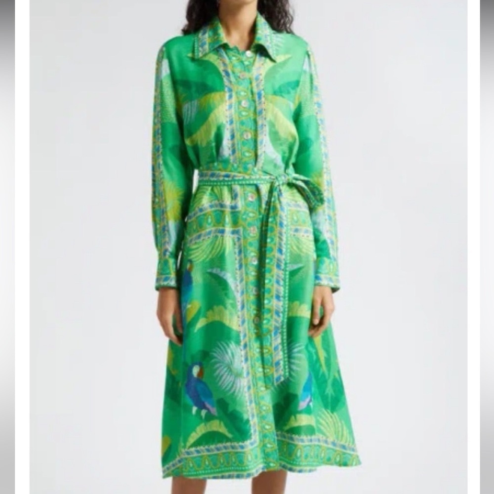 FARM Rio Macaw Scarf Chemise Midi Dress with Breezy Long Sleeves